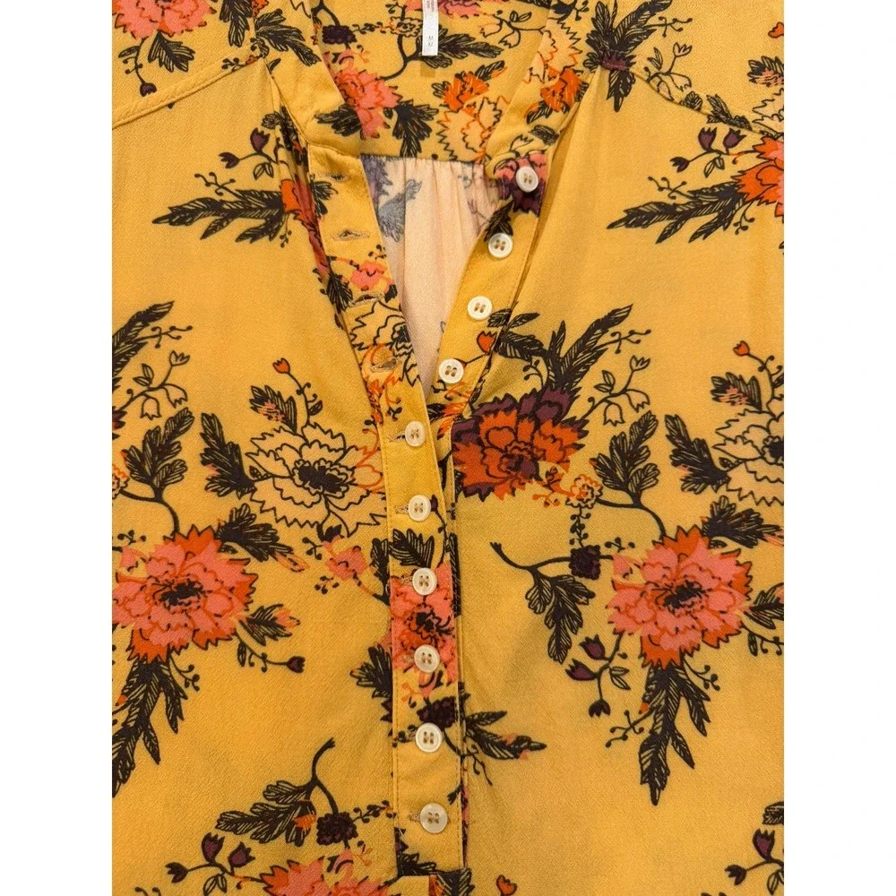 Free‎ People Marigold Yellow Floral Bell Sleeve Henley Tunic Blouse Top Womens M